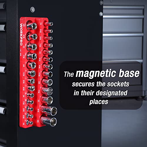 Image of WORKPRO Magnetic Socket Organizer, 1 /4-Inch SAE Socket Holder | Hold 26-Piece Sockets, Suitable for Standard and Deep Socket, Magnetic Base, No Scratches Installation, Sockets not Included