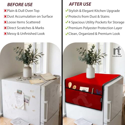 Image of NABAAT Premium Fridge Cover for Single Door Refrigerator Kitchen Decor Durable Dustproof Waterproof Modern Design with 6 Side Pockets for Kitchen Accessories - 130 x 54cm (Red)