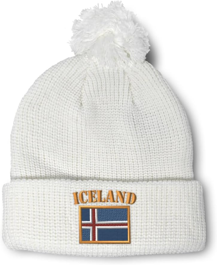 Custom Pom Pom Beanies for Women Iceland Flag Icelander Icelandic Island Skull Cap Acrylic One Size
