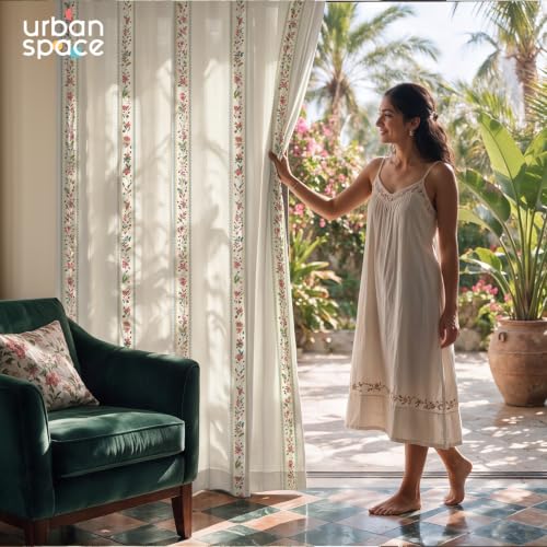 Image of Urban Space 100% Cotton Floral Curtains 8 Feet Long Set of 2, 60-65% Room Darkening, Decorative Curtains with Eyelets /Rings for Hanging, Tieback Included (Bela, Long Door - 8 Feet)