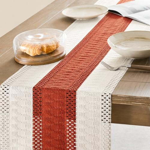 Image of ZeeMart Macrame Style Bicolor Stitching Table Runner, 14 x 36 Inch Orange /Ivory, Boho Burnt Orange Table Runners 36 Inches Long, Farmhouse Woven Home Decor