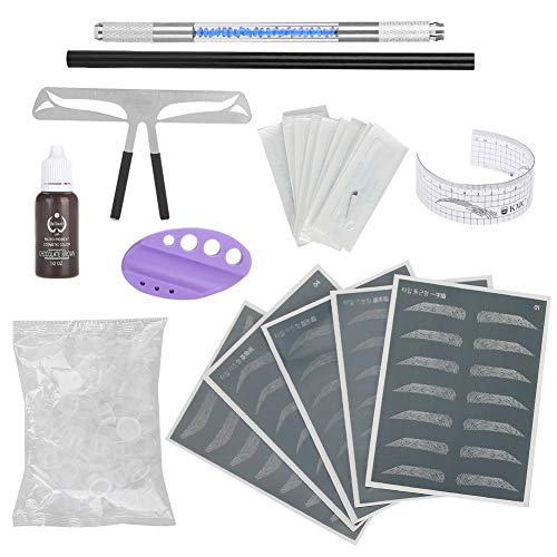 Semi-Permanent Tattoo Eyebrow Makeup Starter Set, Microblading Tools with Tattoo Pen Measuring Ruler Pigment, Base, Blade, Practice Leather Skin