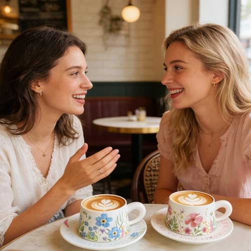 HBLEDOT Tea Cup Set with 2 Cups & Saucers, 9.5 OZ Espresso Coffee Mugs - image 7