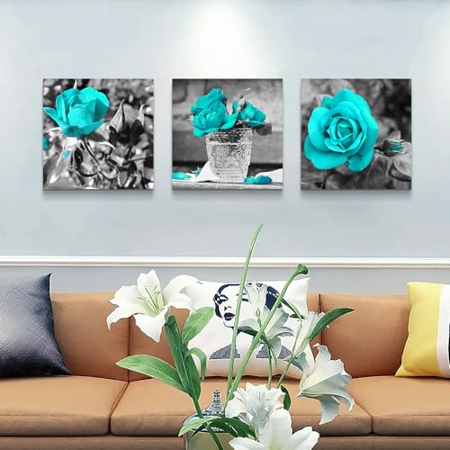 DZRWUBHS Large Wall Art For Living Room 3 Piece Wall Decor For Bedroom Black And White Paintings Flowers Pictures Blue Rose Boho Office Wall Art Prints Ready To Hang Room For Girls Home Decoration