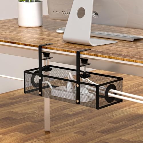 Image of Shantanu Adjustable Under Desk Cable Organizer Rack (Black) - Metal Wire Management Tray for Power Strips, Extension Cords & Cables - Clamp-On or Screw-Fixed Desk Holder for Home & Office Tray