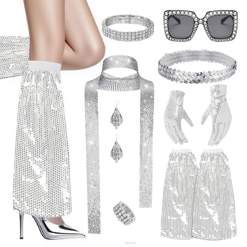 Acessórios disfarce disco, 8 peças disfarce disco mulher acessórios com cachecol de lantejoulas, óculos de sol, brincos, pulseira, bandana, aquecedores, cinto, luvas, vestido carnaval festa