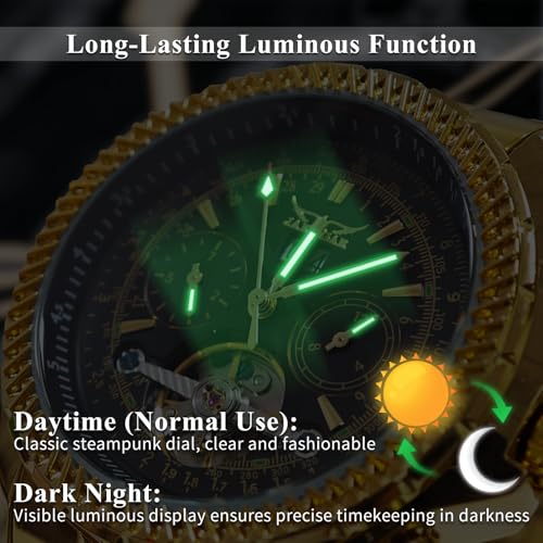 Gute Mens Watches, Mechanical Automatic Stainless Steel Waterproof Watch for Men, Luxury Big Face Multi Functional Tourbillon Calendar Wristwatch, Gold, 40 mm, Mechanical,Automatic Watch