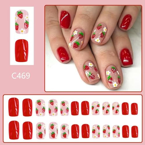 Image of Red Press on Nails Strawberry Fake Nails Short Square False Nails with Design Nude Glue on Nails Acrylic Full Cover Glossy Stick on Nails for Women Girls Spring Manicure 24Pcs