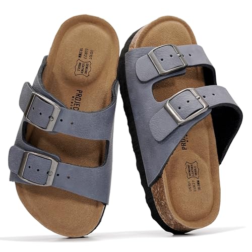 Image of Project Cloud Kids Sandals 100% Genuine Leather - Natural Cork Footbed Non-Slip Slides for Kids - Lightweight Boys & Girls Sandals - Water-Resistant Girls & Boys Sandals
