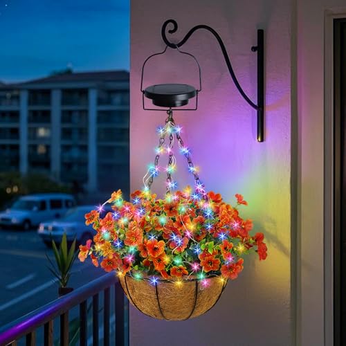 Solar Artificial Hanging Basket: Lighted Fake Flower Basket with Colorful Lights 2...