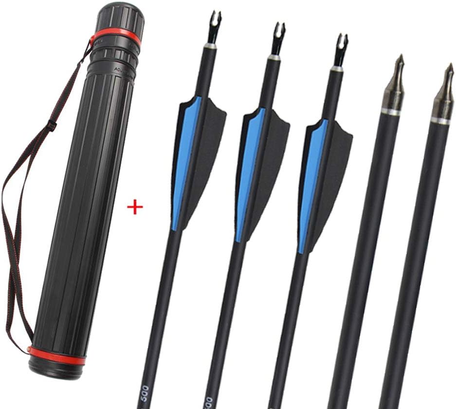 12 Pack Archery 31 Inch Hunting Carbon Arrow Spine 500 Targeting Practice Arrows Removable Tips Arrowhead with Arrow Quiver Tube for Hunting Recurve Compound Bow