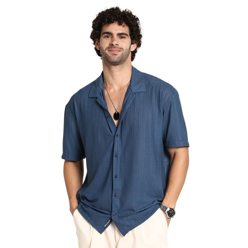 Image of CAHOOT Men's Oversized Shirt for Casual Wear | Cuban Collar | Short Regular Sleeves | Button Closure | Oversized Shirt Crafted with Comfort Fit for Everyday Wear