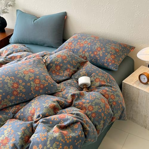 Image of VM VOUGEMARKET Boho Vintage Floral Double Layer Gauze Jacquard Duvet Cover Set King, Dusty Smoky Blue Soft Breathable Cotton Muslin Bedding Set for Bedroom Decor
