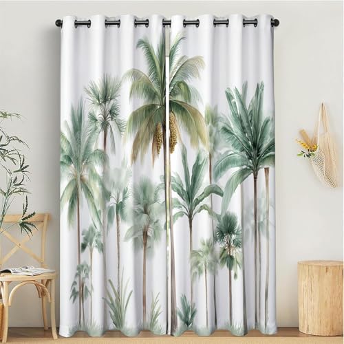 MULERN Cortinas Termicas, Aislantes Frio Cortinas Opacas, Dormitorio 2 Piezas 140An x 200Al cm Acuarela Plantas Cortina con Ojales, Cortina Palmeras Verde Claro para Salon/Comedor