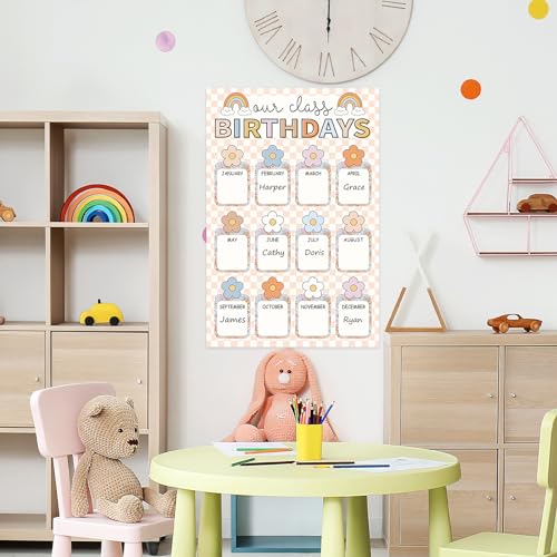 Image of Whaline Happy Birthday Chart Poster Pastel Boho Flower Birthday Chart Calendar Colorful Plaid Birthday Reusable Poster Decoration for Back to School Bulletin Board Chalkboard Wall Decor 11 x 16.5 In