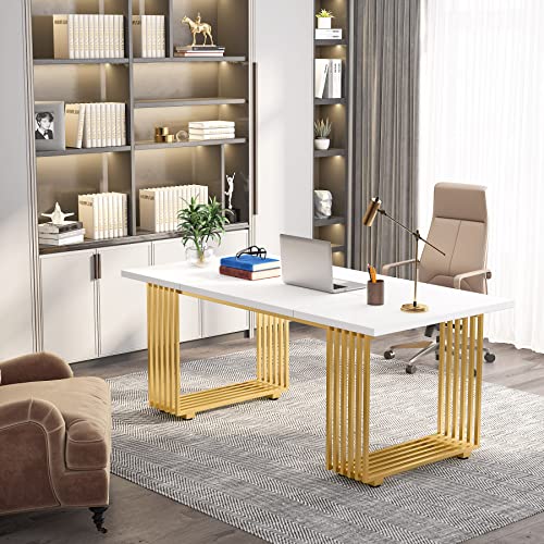 Tribesigns 70.9" Modern Office Desk, Wooden Computer Desk, White Executive Desk With Gold Metal Legs, Large Workstation For Home Office, Study Writing Desk, Small Conference Table For Meeting Room #TOP2