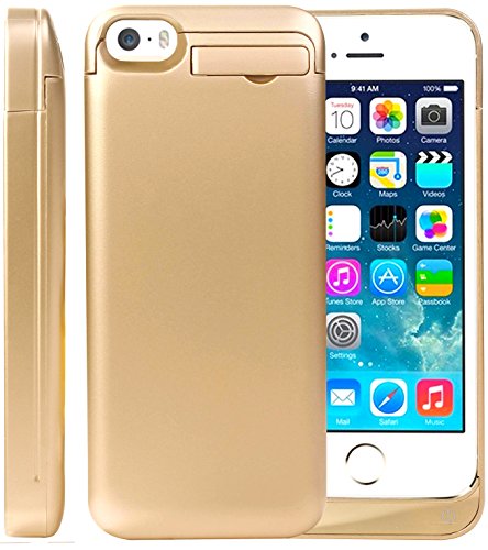 Sykiila 2200 Mah Universal Battery Case Rechargeable Backup Portable Charger for Iphone 5, 5s, 5c, with 4 LED Lights and Built-in Pop-out Kickstand Holder (Gold with Decal)