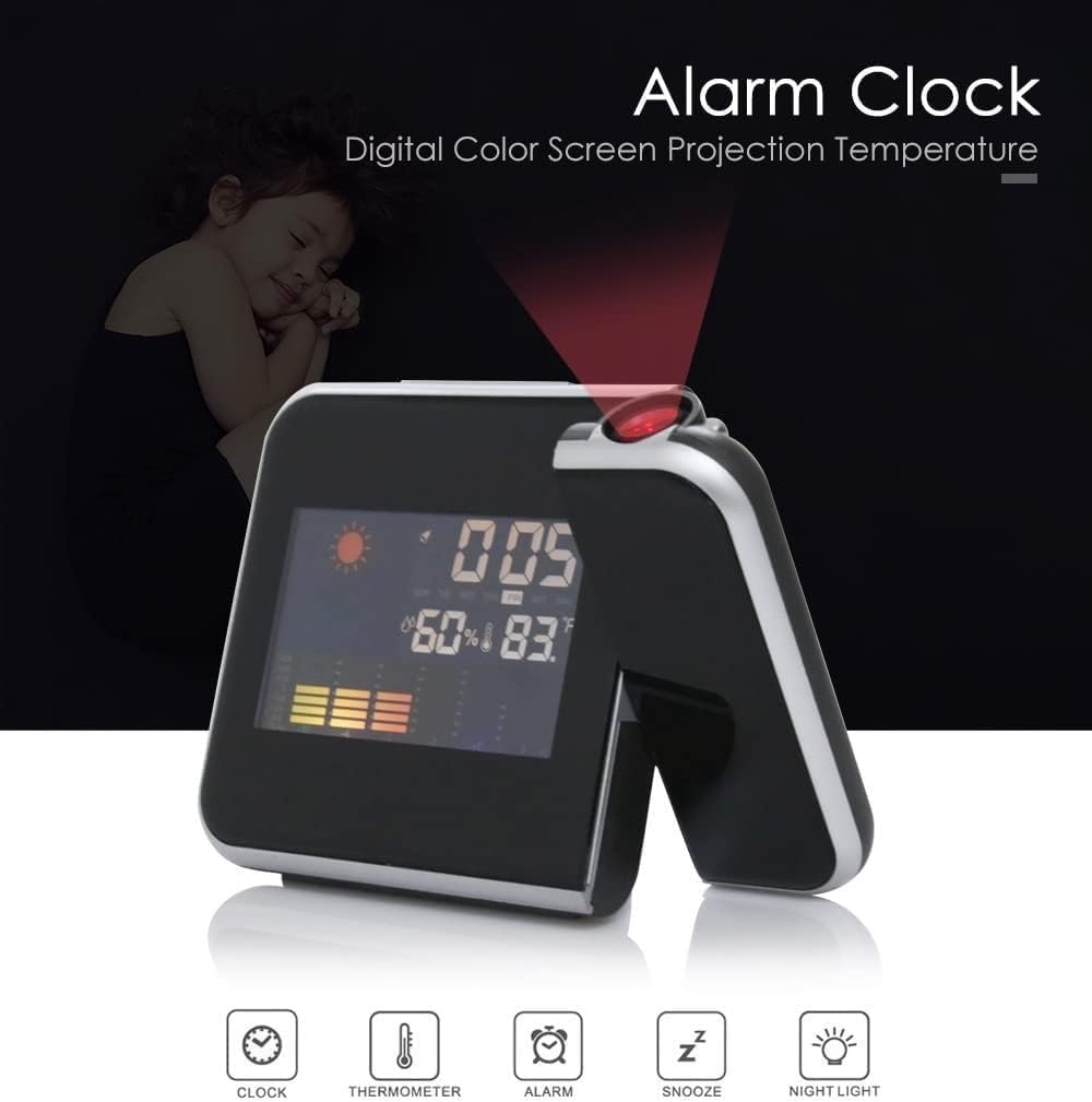 Projection Alarm Clock Digital Color Screen 12/24 Display Temperature Humidity Weather Forecast LED Alarm Clock