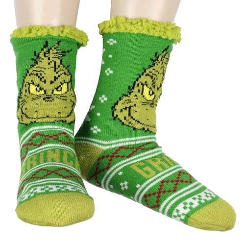Bioworld Dr. Seuss Socks The Grinch Socks Women's Grinch Face Fair Isle Sweater Knit Plush Fleece Lined Non-Slip Cozy Slipper Crew Socks
