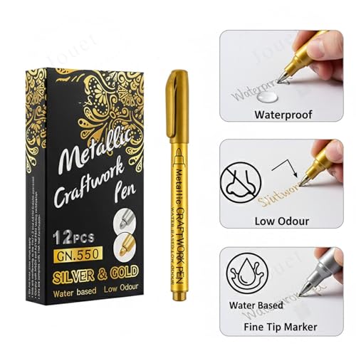 Image of JOUET Metallic Craftwork Pen Set, Gold and Silver Water Based Markers, Fine Tip, 12 Pieces, Low Odour, Waterproof, for Paper, Glass, Wood, Metal