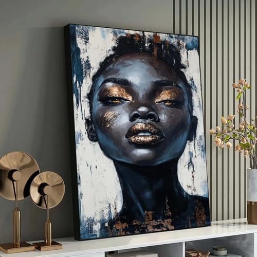 Art africain chic portrait femme or noir peinture abstraite sur toile texturee XBTYKPB