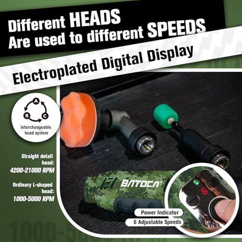 Image of BATOCA S6 Mini Cordless Polisher for Car Detailing, 2x2.0Ah Batteries, Rotary Buffer, 12mm Dual Action Polisher 1-3 Inch, 2 Different Speeds Heads Systems, 4.2k-21k&1-5k RPM Camouflage Pattern Style