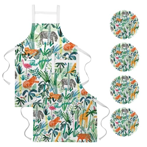 Lot de 2 tabliers de cuisine à motif animal sauvage avec 4 broches pour la maison