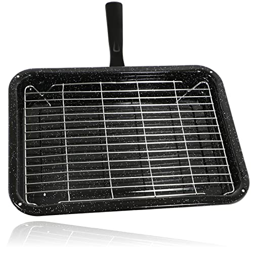 SPARES2GO Universal Oven Grill Pan Small Medium Rack & Detachable Handle (Non-Stick Vitreous Enamelled)