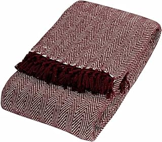 Luxury Pure 100% Cotton HERRINGBONE Super Soft Woven Sofa Bed Throw Blanket Bedspread Settee Cover With Tasselled Edging (Extra Large 90"x100", Burgundy)