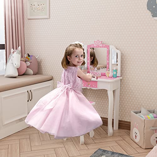 Joymor Kids Vanity Set, Wooden Princess Makeup Table With Stool, Tri-Folding Mirror, Large Drawer, Solid Wooden Legs Pretend Beauty Make Up Dressing Play Set For Girls Best Gift (Pink) #TOP4