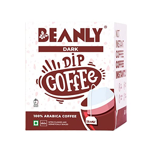 Image of Beanly Dip Coffee Dark | Pack of 10 Hot Brew Bags | Easy Brew Coffee | 100% Arabica Coffee | Drip Coffee | Bold and Strong | Dark Roast | No Equipment Required