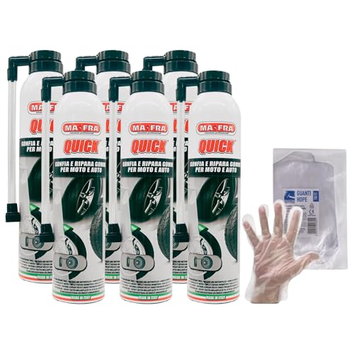 FEI FAN Set : gonfle et répare les pneus pour moto et voiture rapide, convient aux pneus avec et sans chambre à air 300 ml + 100 gants HDPE jetables, taille unique (6 flacons et gants)