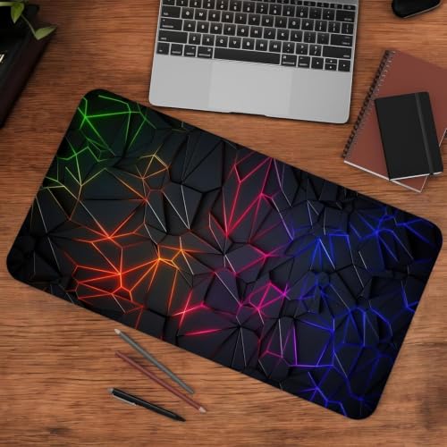 Image of Neon Polygon Design Extended Gaming Mouse Pad 800x300x2mm, Geometric RGB Pattern Desk Mat with Non-Slip Rubber Base, Keyboard & Mouse Pad for Gaming, PC, Laptop & Office(1-pcs)
