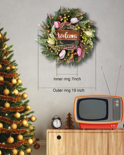 Wreaths Wish Green Tulips Wreaths, 19 Inch Artificial Spring Summer Greenery Wreaths For Front Door Decor Boxwood With Big Berries For Farmhouse Outside Year Round - Indoor/Outdoor #TOP1