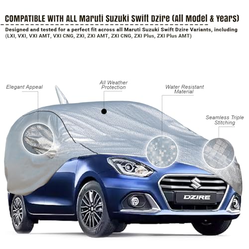 Image of Pivalo Car Cover for Swift Dzire All Model & Years (2008-2024) 100% Waterproof with Mirror & Antenna Pockets Triple Stitched Bottom Elastic Dustproof Full Body Protection (Heat & UV Resistant, Silver)