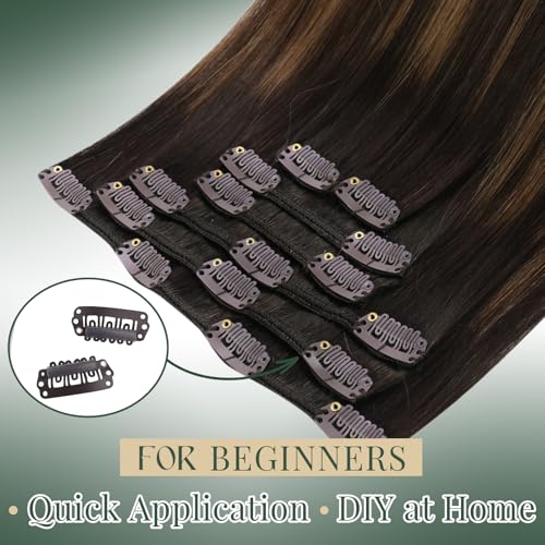 Image of Ugeat Hair Extensions Clip ins Balayage 20 Inch 7pcs 120g Easy to Apply | Human Clip in Hair Extensions , Dark Brown Balayage Medium Brown , Clip ins Human Hair Daily Wear