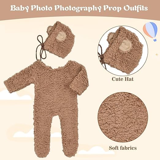 Image of Babymoon Set of 2 | Fleece Suit with Infant Baby Bear Cap Hat | Baby Photography Props Costume | Baby Gift Set | 0-3 Months | Brown