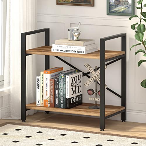 Bon Augure Small Bookshelf For Small Space, Industrial 2 Tier Wood Metal Bookcase, Rustic Short Book Shelf For Living Room, Bedroom And Office (Vintage Oak) #TOP14