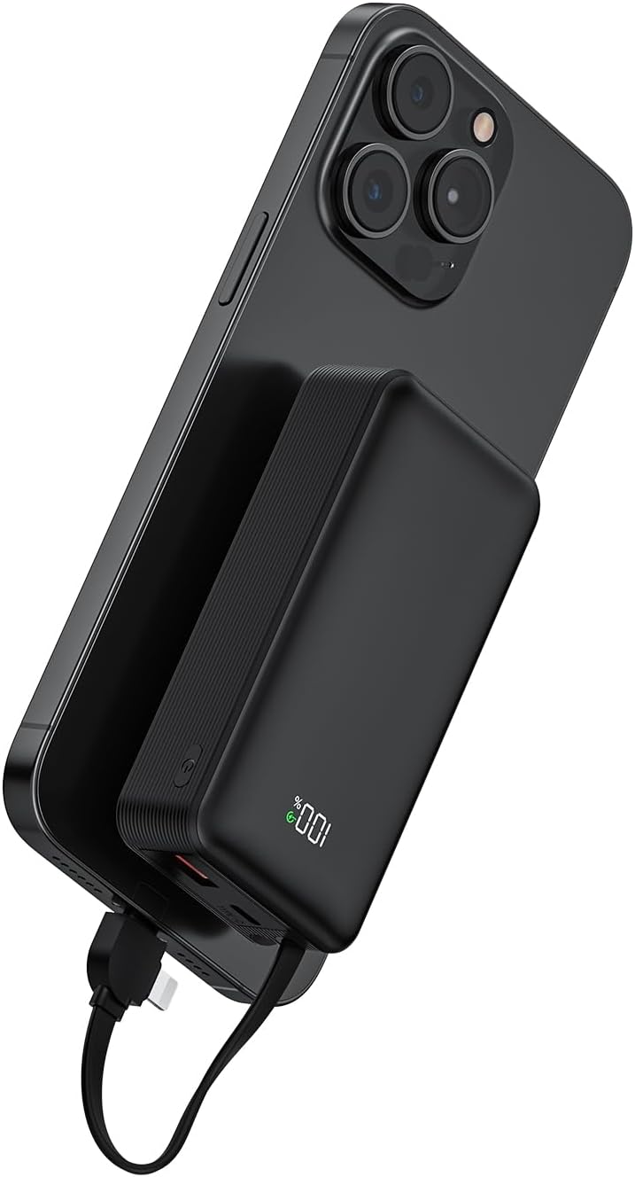 Batería externa de 10000 mAh, 22,5 W, mini batería externa con cable USB-C integrado, cargador rápido portátil compatible con iPhone, Samsung, Huawei, Xiaomi, iPad, ultracompacto y ligero