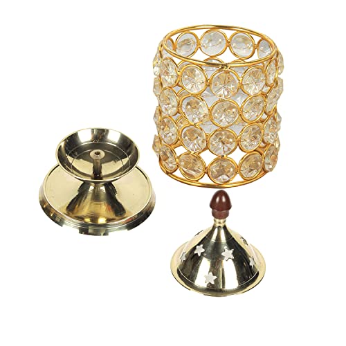 Image of Klassic Decor Brass and Crystal Horizontal Shape Akhand Diya /Table Deepak /Oil Lamp with Plastic knob, Medium Size (Pack of 1, Golden)