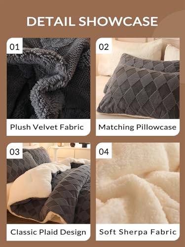 Image of Tufted Fleece Comforter Set King - Super Soft Warm Fluffy Shaggy Bedding Sets, Diamond Plaid Jacquard Bed Set for Winter, 1 Sherpa Comforter with 2 Pillow Cases (104 inchX90 inch Grey)