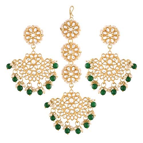 18K Gold Plated with Stunning Matte Finish Traditional Kundan & Faux Pearl Chandbali Earrings with Maang Tikka Set for Women (TE2911)-image-37