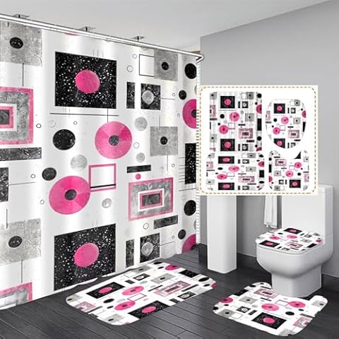 AZHM Geometric Shower Curtain Set with Rugs Cover