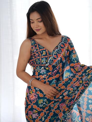 Image of Panzora Women's Chinon Printed Saree With Unstitched Blouse Piece