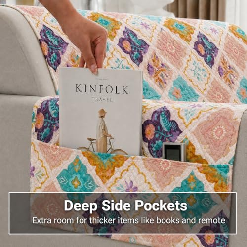 Image of STITCHNEST 'Frostvine Collection' 3 Seater Sofa Cover | Full Coverage with Armrest Pockets | Cotton Quilted Fabric, Decorative Tassels, Washable & Durable for Modern Living