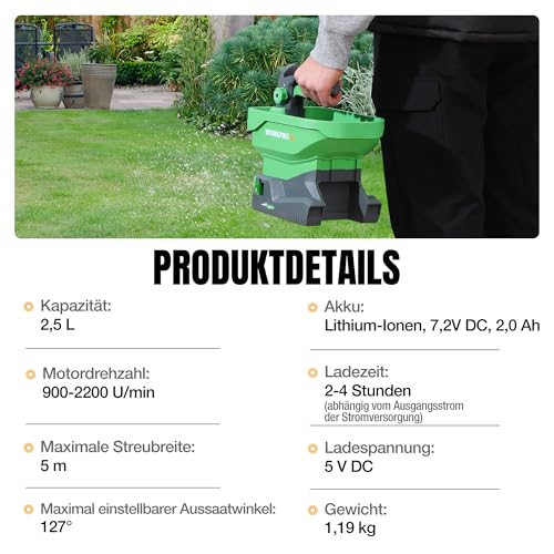 WORKPRO Akku Düngerstreuer 7,2V, Handstreuer für Rasendünger mit 2,5 L Behälter, 8-stufige Streumengenregelung, Streuwinkel bis 127°, deckt bis zu 600 m² Saatfläche, Kabellos & Tragbar
