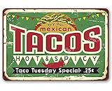 Tacos Hot & Spicy Taco Tuesday - Retro Kitchen Wall Art Decor, Mexican Food Advertising Restaurant Sign, Tacos Bar Accessories and Gift Idea, 12x18 Use Indoors or Outdoors Durable Rustic Metal Sign
