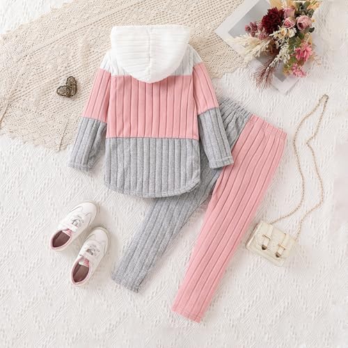 Image of Toddler Kid Girls Clothes Ribbed Color Block Long Sleeve Hoodie Sweatsuit Set Fall Outfits