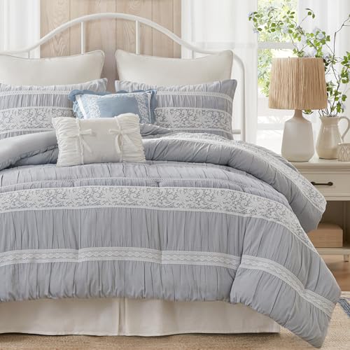 Image of Madison Park 5-Piece Farmhouse Comforter Set with Ruching & Lace Trim, Soft Chambray Bedding, Includes Comforter and 2 Decorative Pillows, Queen, Blue
