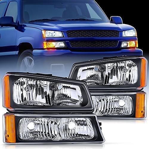 Image of Nilight Headlight Assembly for 2003 2004 2005 2006 Chevy Silverado Avalanche 1500 1500HD 2500 2500HD 3500 Chevrolet Pickup Replacement Headlamp Black Housing Amber Reflector Bumper Lamp Set